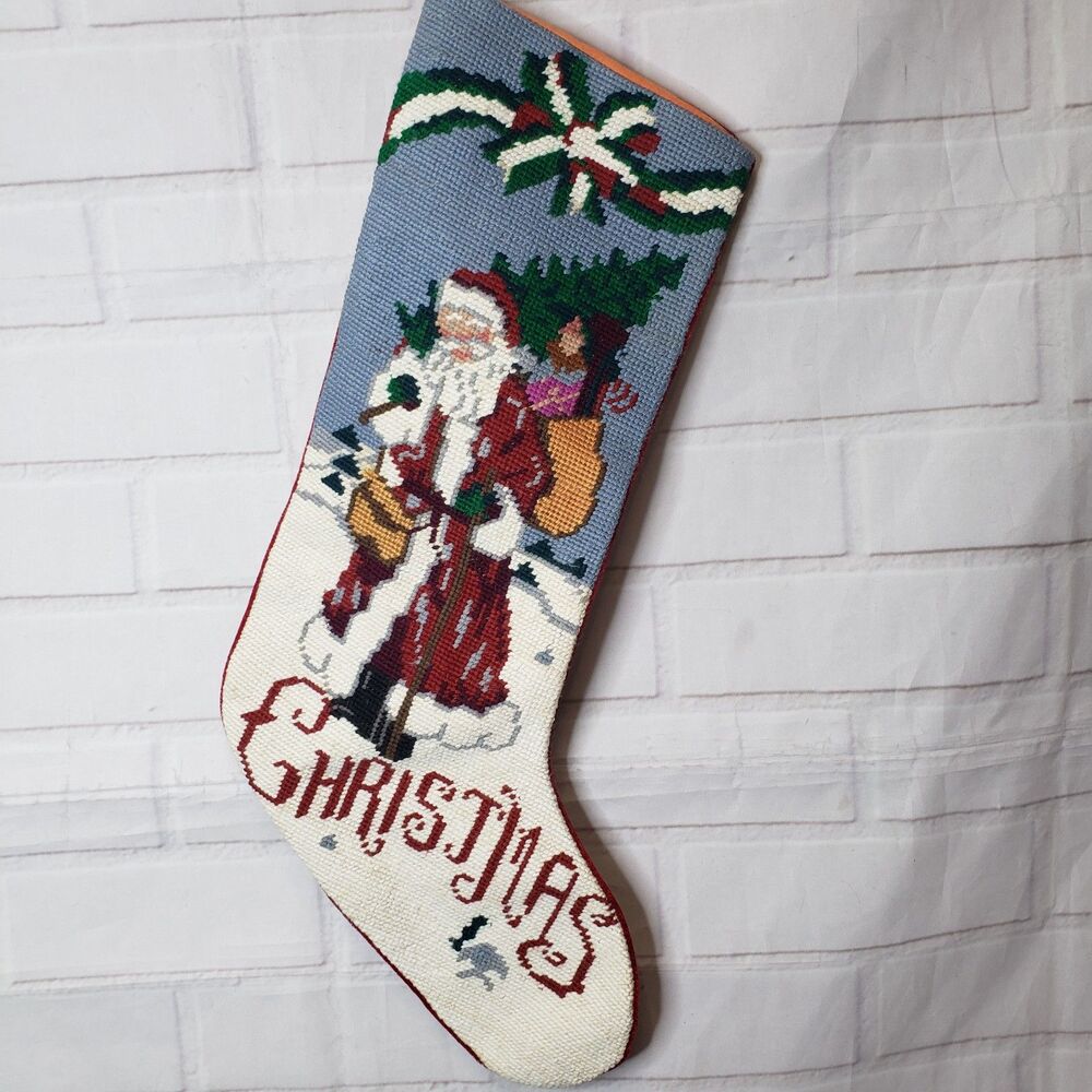 Vintage Handmade Wool Needlepoint Santa Claus Christmas Stocking Cross-Stitched